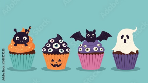 Set of four creative Halloween cupcakes decorated with a spider, many eyes, a black bat, and a white ghost.