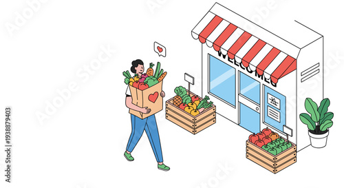 Isometric illustration of a woman walking away from a fruit and vegetable grocery store carrying a large brown bag of fresh produce.