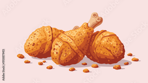 Trio of crispy golden fried chicken drumsticks served together with scattered crumbs on a soft pink background.