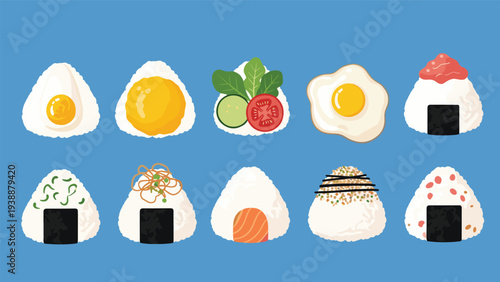Selection of ten unique onigiri rice ball designs including egg, salmon, and vegetable toppings on blue.