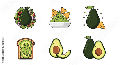 Collection of delicious avocado based dishes including fresh green salad, toast, guacamole, and whole sliced ripe avocados.