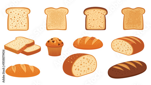 Variety of baked goods including different types of sliced bread loaves and a single chocolate chip muffin.