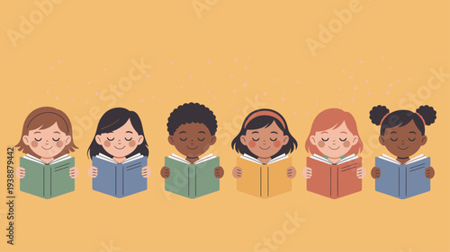 Diverse children reading books studying