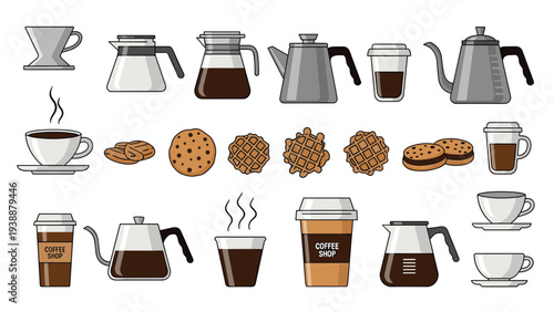 Wide array of coffee shop equipment and snacks including various pots, cups, cookies, and waffles in a clean vector style.