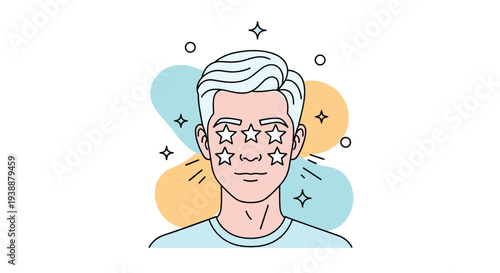 Portrait of a man with small star shaped patches on his cheeks and forehead on a colorful background for a facial skincare concept.