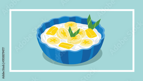 Traditional Indonesian dessert kolak pisang with sliced bananas and jackfruit in coconut milk served in a blue bowl with pandan leaves.