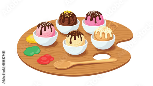 Creative concept illustration of a wooden artist palette holding six scoops of different ice cream flavors in bowls.