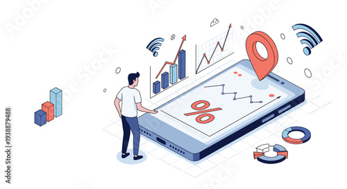 Isometric business man using a large smartphone to monitor financial charts, location map data, and percentage growth statistics.