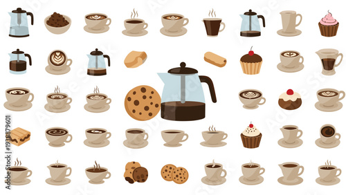 Extensive collection of coffee shop icons including various cups of espresso, lattes, muffins, cookies, cakes, and coffee makers.