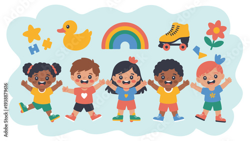 Diverse happy children kids toys