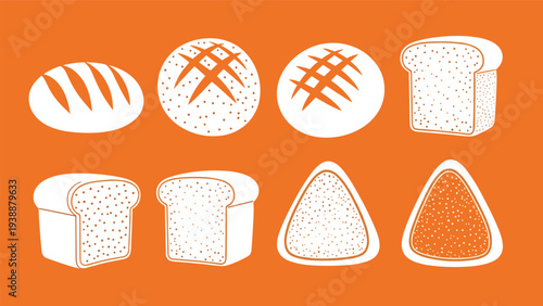 White silhouettes of various bread types including loaves, buns, and sandwiches arranged on a vibrant solid orange background.