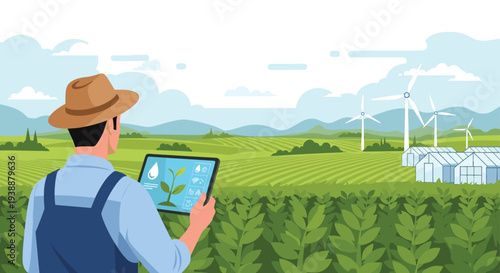 Farmer in a vast field using a digital tablet to monitor crop growth and manage modern irrigation systems efficiently.