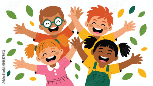 Diverse happy children playing leaves