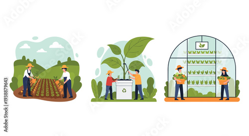 Collection of agricultural scenes featuring farmers working in fields, watering large plants, and harvesting greens.