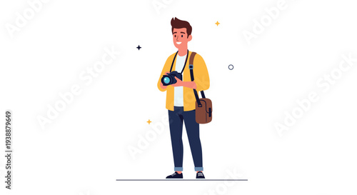 Professional male photographer standing with a digital camera and a camera bag while smiling against a plain background.