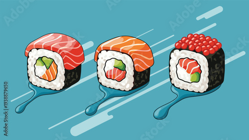 Three pieces of premium sushi nigiri with tuna, salmon, and fish roe toppings presented on a stylized blue background.