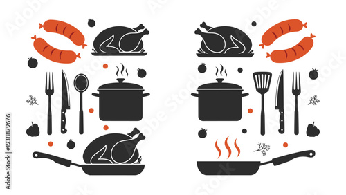 Collection of kitchen silhouettes featuring pots, pans, whole chickens, sausages, and various utensils on a white background.