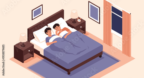 Young couple sleeping peacefully together in a cozy bedroom featuring bedside lamps and an alarm clock on nightstands.