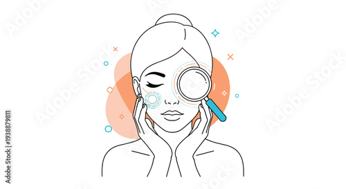Close-up illustration of a woman's face being examined with a magnifying glass to show specific skin concerns.