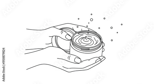 Close-up illustration of hands opening a jar of moisturizing facial cream with decorative bubbles and sparkles.