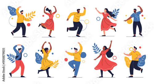 Group of diverse people dancing in various styles and poses decorated with colorful abstract shapes and leaves.