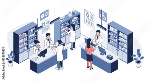 Professional pharmacists in white coats assisting customers and organizing medicine on shelves in a modern pharmacy.