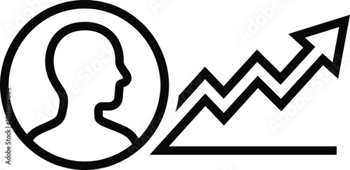 Black and white icon of human profile with upward arrow graph symbol representing personal growth, career development, success, and professional performance improvement