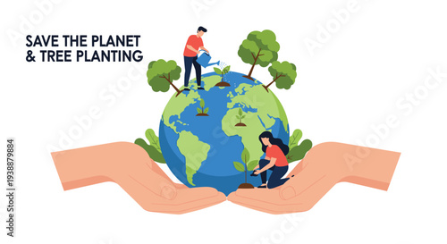 Group of volunteers planting small trees on a giant globe of the Earth held by two hands for environmental safety.