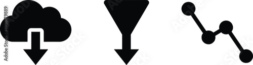Black and white technology icons featuring cloud download, data filtering funnel, and network analysis symbols for digital computing, data management, and connectivity projects