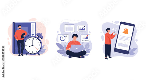 Business professional managing his schedule with a large alarm clock while working on a laptop and phone.