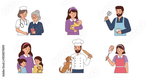 Collection of character icons representing various professional and domestic roles like nurses, chefs, and bakers.