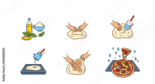 Sequential illustration showing six main steps of the pizza making process from ingredients to the baked slice.