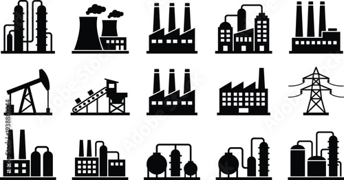 Black silhouette industrial facility icons collection featuring factories, oil rigs, power plants, mining operations, and energy infrastructure for technical, educational, and design projects