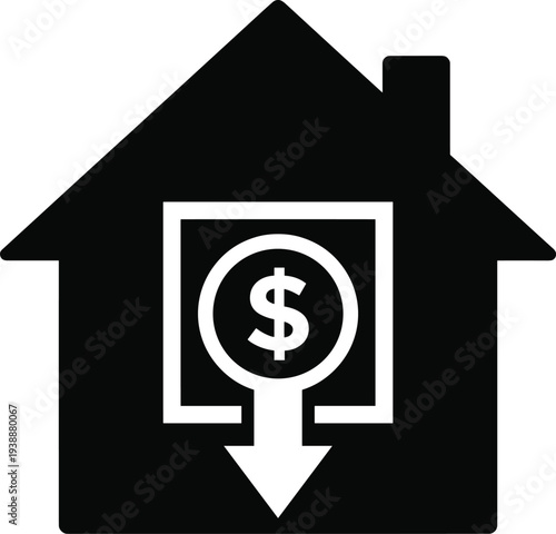 Black silhouette house icon with dollar sign and downward arrow symbol representing real estate value, mortgage, refinancing, and housing finance economic concepts