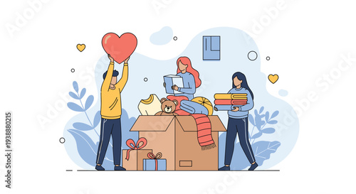 Diverse group of young volunteers is packing cardboard donation boxes with clothes, toys, and books for a charity event.