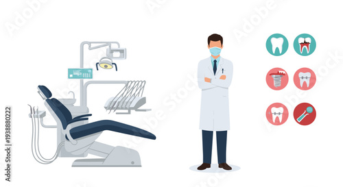 Professional male dentist in a white coat and mask stands in his medical office next to a dental chair and healthcare icons.