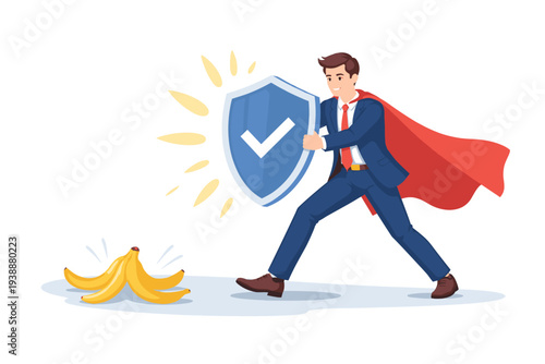 Superhero businessman in suit and red cape holding a protective shield with checkmark to avoid slipping on a banana peel, symbol of risk management, business insurance, and safety from pitfalls.