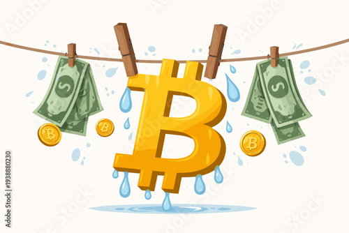 Conceptual Illustration of a Large Bitcoin Symbol and Dollar Bills Hanging on a Clothesline to Dry, Representing Money Laundering, Financial Crime, and Illegal Cryptocurrency Asset Transactions.