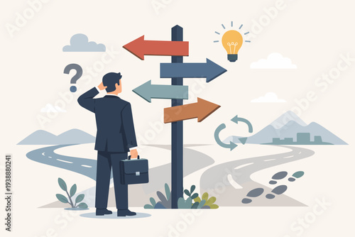 Businessman standing at a crossroads signpost with multiple arrows, representing career path choices, strategic decision making, leadership, and finding the right direction for business success.