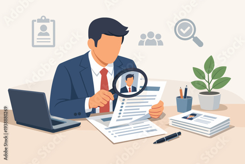 HR Manager Reviewing Candidate Resume with Magnifying Glass, Human Resources Professional Searching for Talent, Job Recruitment Process, Hiring Manager Analyzing CV for Employment Opportunity.