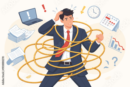 Stressed Businessman Tangled in Rope Representing Business Problems, Failure, and Difficulty. Overwhelmed Professional Facing Hard Tasks, Messy Situations, and Complicated Troubles at the Office.