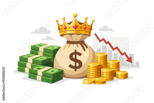 Cash is King Concept with Money Bag Wearing a Golden Crown, Stacks of Dollar Bills, and Gold Coins Against a Falling Stock Market Chart Representing Economic Crisis, Recession, and Liquidity.