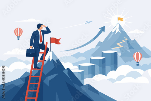 Businessman climbing ladder on mountain peak looking at higher goal flag, concept of business achievement, ambition, career growth, leadership vision, success strategy, way forward progress.