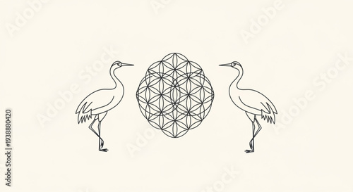 Two cranes standing beside geometric flower of life symbol black line art on cream background spiritual and nature concept