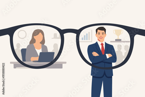 Gender bias and sexism in the workplace concept illustration with blurred woman and sharp successful man through glasses, representing inequality, social prejudice, and glass ceiling effects.