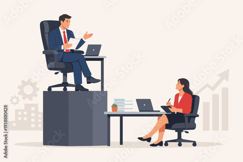 Gender Inequality and Pay Gap Concept with a Businessman Sitting on a High Pedestal Above a Businesswoman at Work, Representing Male Privilege, Career Advantage, and Unfair Corporate Hierarchy.