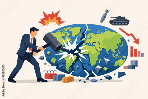Geopolitical Conflict and Global Economic Crisis Concept with Businessman Breaking the World Globe with a Sledgehammer, Representing War, Trade Disruption, Recession, and Globalization Collapse