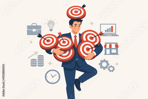 Businessman in a professional suit balancing and holding multiple targets with arrows, representing multitasking, managing several business goals, side hustles, and high productivity concept.