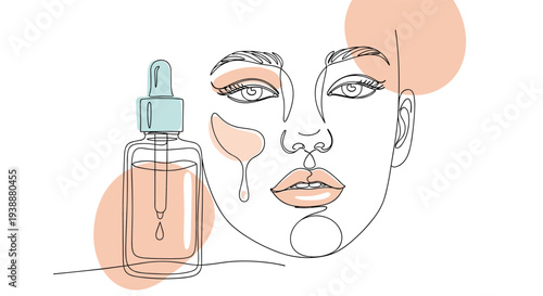 Minimalist continuous line drawing shows a beautiful womans face next to a bottle of facial serum with a glass dropper.