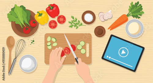 Top down view of a kitchen counter shows hands slicing a fresh tomato next to various vegetables and a digital tablet device.